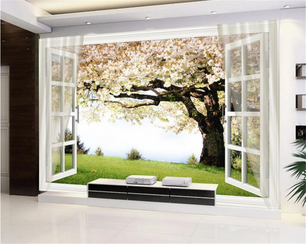 beibehang 3D wallpaper HD 3d cherry tree window background wall papel de parede papier peint photo wallpaper duvar kagit behang