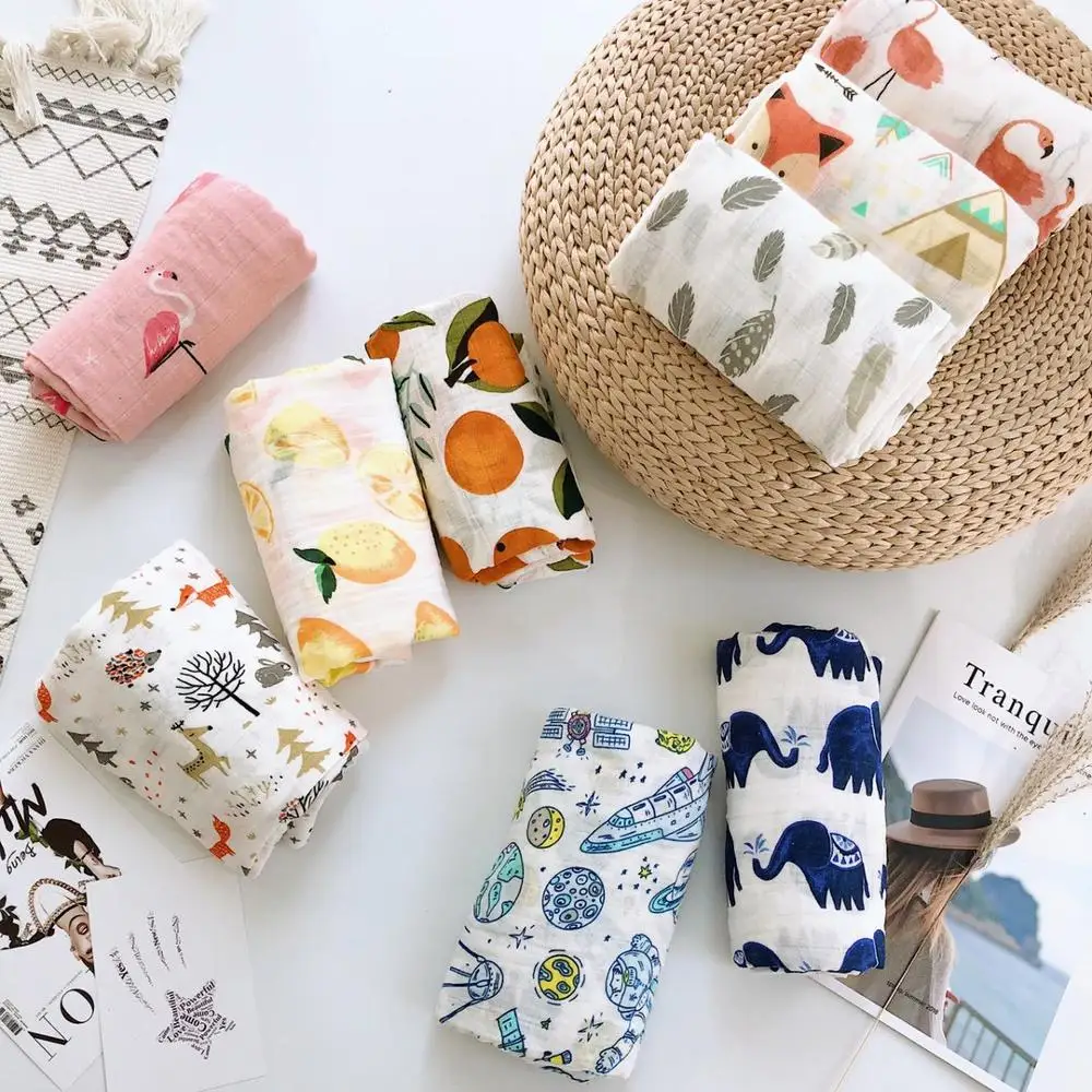 

Baby Cotton Baby Swaddle Blanket Cartoon Printing Breathable Muslin Wrap Multi-use Baby Stroller Blanket Travel 120*120cm