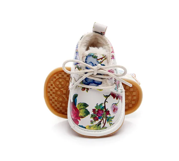 VIP Dropshiping lace up floral printing baby moccasins super warm PU leather fur winter baby shoes toddler girls boys snow boots - Цвет: White F