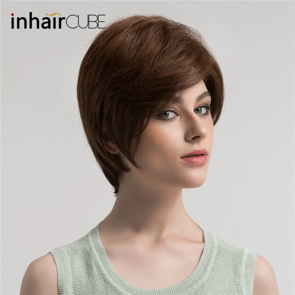 ESIN " синтетический смесь прямые волосы короткие парики пушистый боковое расставание коричневый парик для женщин эластичный парик колпачок