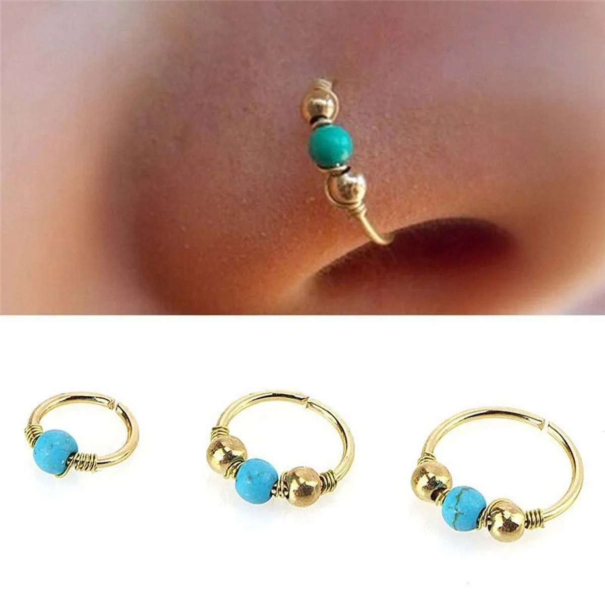 

Shellhard Stainless Steel Green Beads Nose Ring Shellhard Hoops Helix Piercing Ear Cartilage Septum Nose Stud Piercing Jewelry