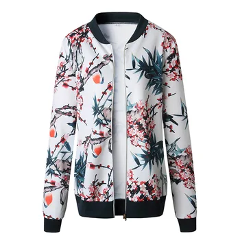 

2019 New Women Short Jacket Retro Floral Printed Long Sleeve Zipper Bomber Jackets Autumn Coat Female Biker Outwear Tops