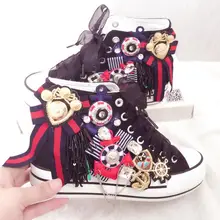 Для женщин diy ручной работы на заказ сладкий нежный Стразы ленточки значок на цепочке Женский Дикий увеличение парусиновая обувь без каблука