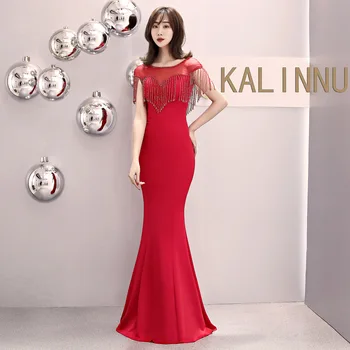 

Chinese Beading Tassel Evening Party Dress Fashion High Waist Mermaind Banquet Women Dress Long Maxi Backless Summer Dress 2019