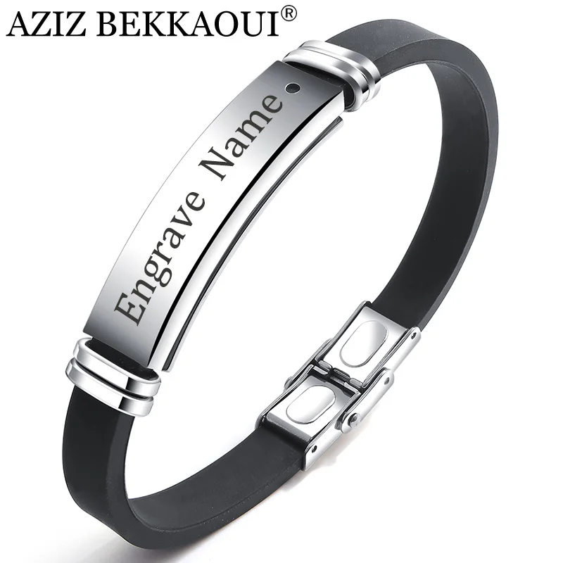 

AZIZ BEKKAOUI Magnetic Buckle Engrave Name Stainless Steel Bracelets for Men Silicone Leather Bracelet Male Jewelry Dropshipping