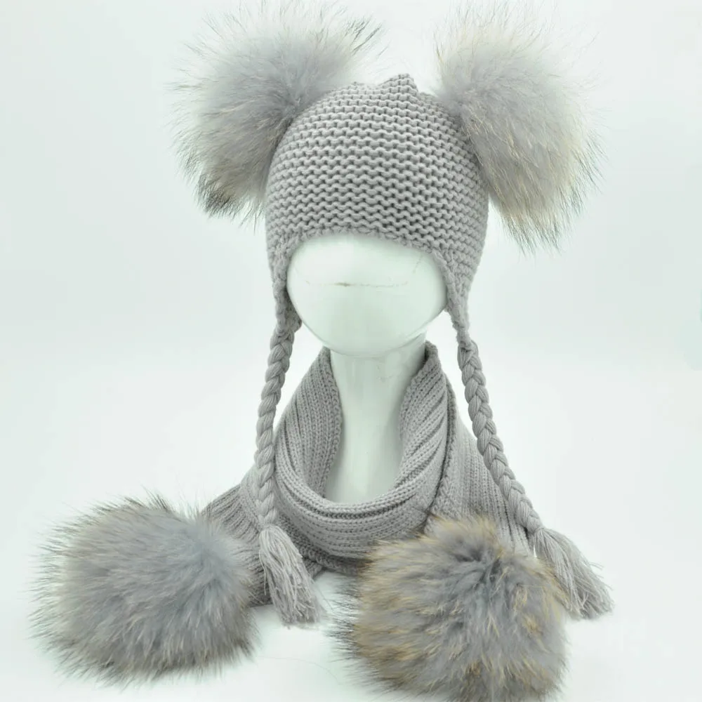 Kids Winter Hat and Scarf Set for Children Girls Boys Luxury Warm Crochet Beanie Set Real Raccoon Fur Pompom Cap and Scarf Set