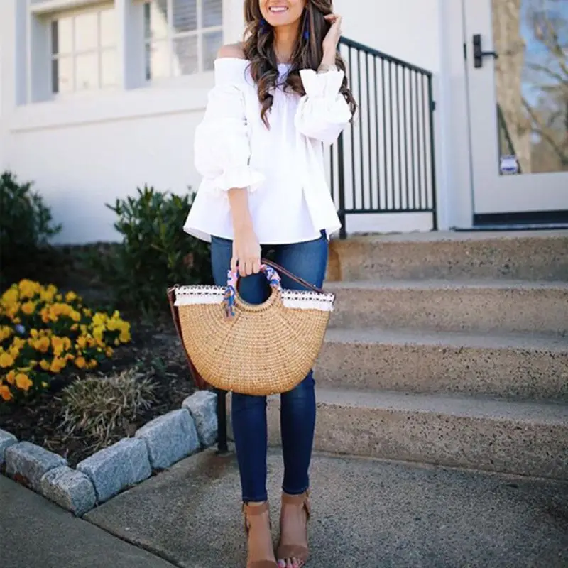 Sexy Off Shoulder Back Bowknot Blouse And Shirts Spring Summer Strapless Women Ruffle Sleeve Pleat Tops Casual Loose Blusas|Блузки| |