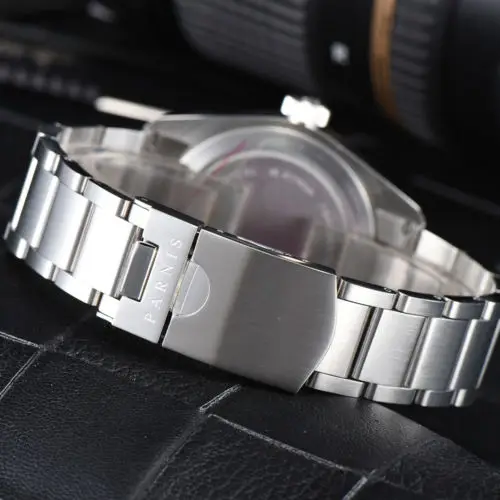 Роскошные 41 мм Парнис черный циферблат вращающийся ободок светящиеся знаки сапфир Miyota Дата нержавеющая чехол автоматический механизм мужские часы