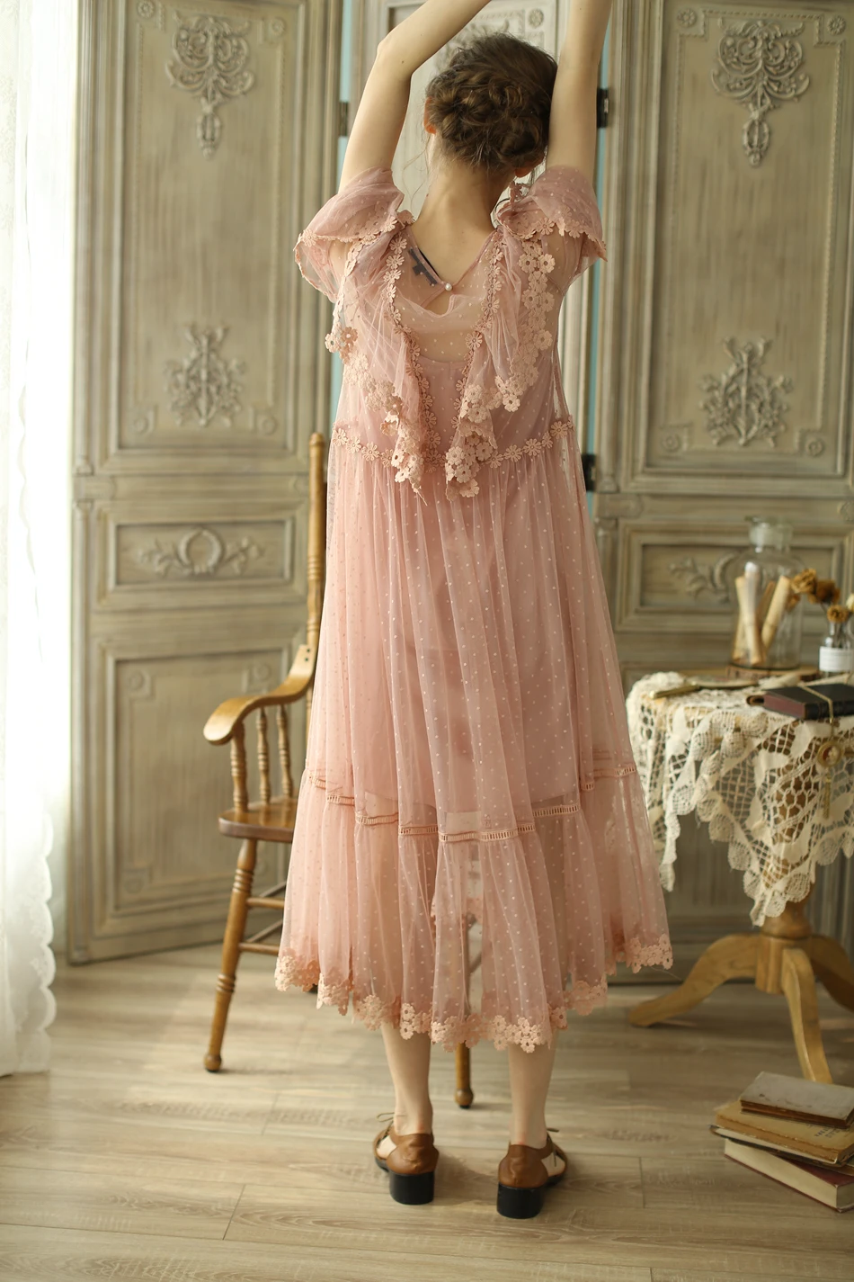 Линетт's chinoisery весна осень дизайн для женщин Винтаж Виктория Розовый Мори платья для девочек