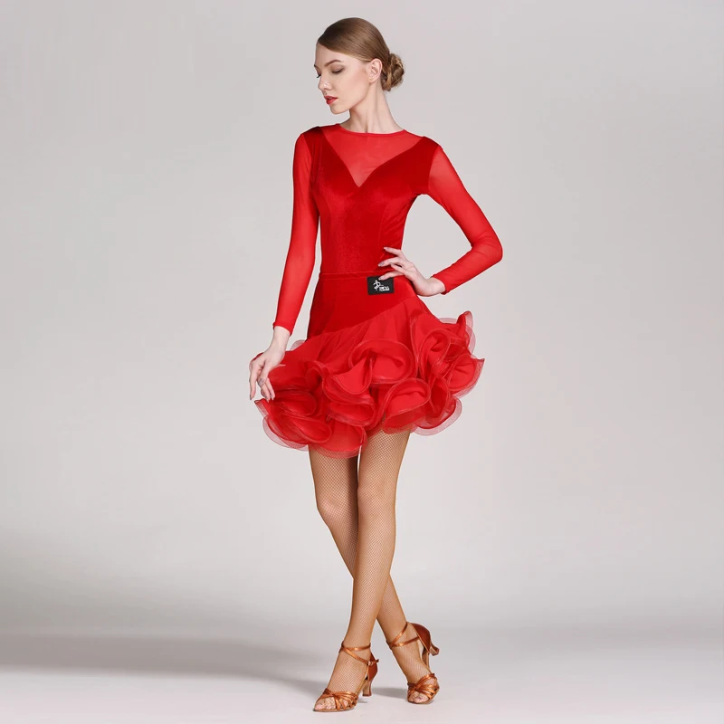 Long sleeve Mesh & Velvet Latin Dance Costume Set including Dance Top