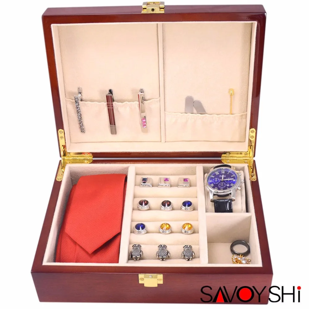 SAVOYSHI Роскошная деревянная коробка для хранения ювелирных изделий чехол для запонок Зажимы для галстука кольцо часы Подарочная коробка Высокое Качество окрашенная деревянная коробка