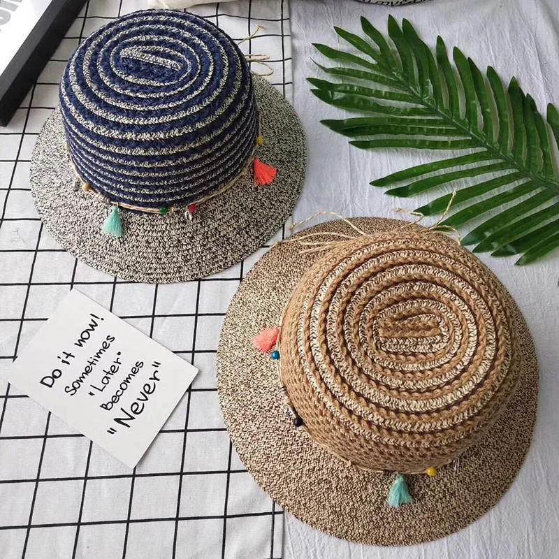 Lady Women Beauty Striped Bucket Hat Straw Beach Summer Sun Panama Hat