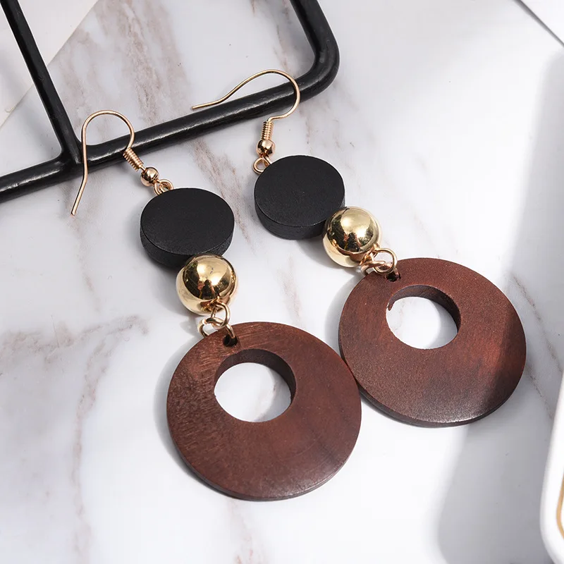 Simple Fashion Wweet Geometric Wooden Earrings Female Long Dangle Earrings