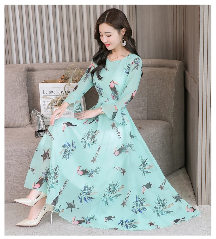 High quality Autumn New Arrival Plus Size S-XXXL Fashion V Collar Flare Sleeve Flower Printed Woman Long Chiffon Dress - Color: Turquoise