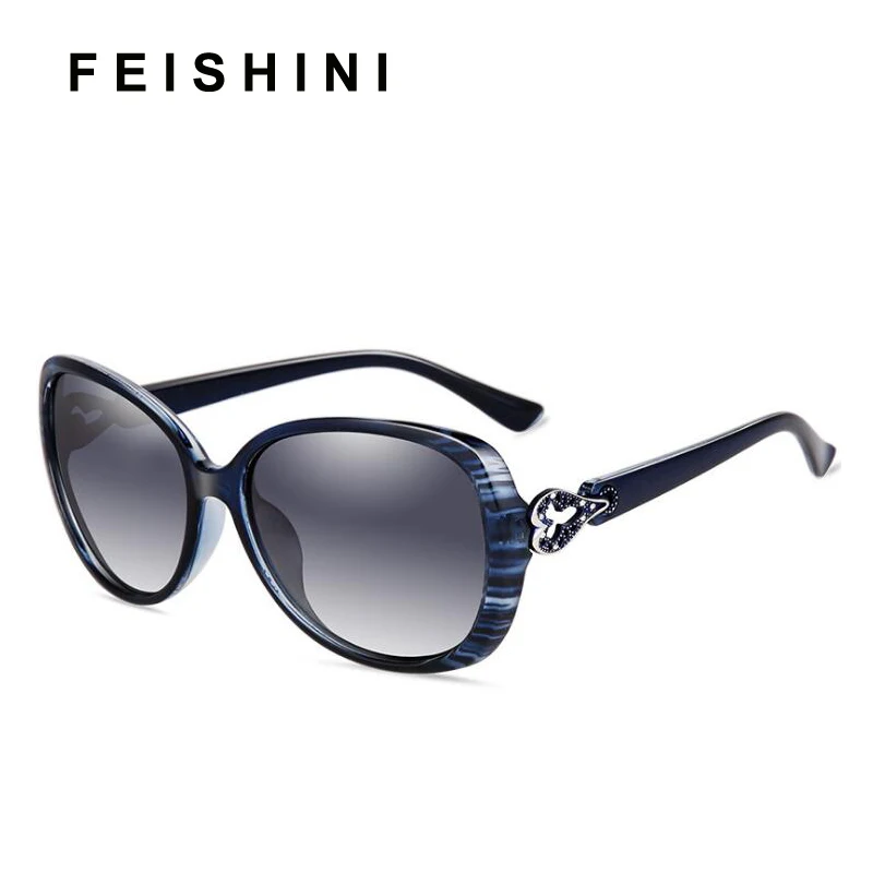 

FEISHINI Brand Designer Heart Shape Plastic Black Oval Sunglasses Ladies Polarized Retro UV400 Fashion korea Glasses Woman 2019