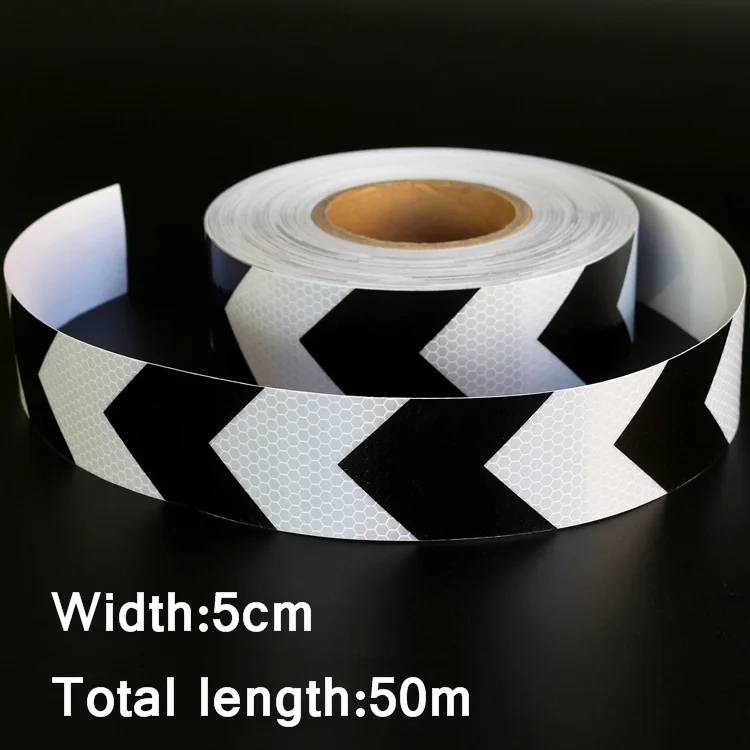 

50mx5cm Motorcycle decoration Reflective Strips Glue Stickers For Car-Styling Automobiles Arrow Safety Warning Tape Black&White