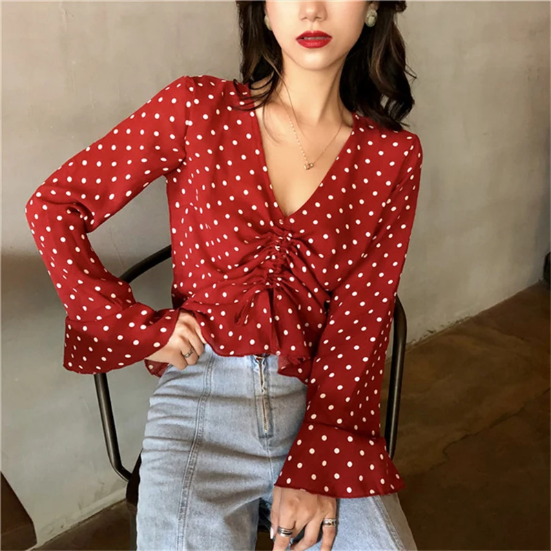 

2019 summer Women polka dot print blouse Frilled V Neck Ruched Crop Blouse Fold front Crop top