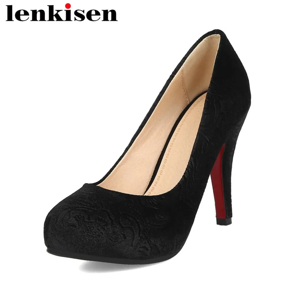 

Lenkisen handmade big size round toe slip on super high heels high quality silk high street fashion women solid cozy pumps L9f1