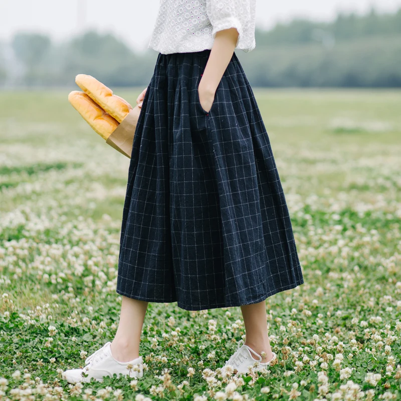 Ретро плед карман эластичный пояс карман свободная трапециевидная юбка Мори для девушки Весна
