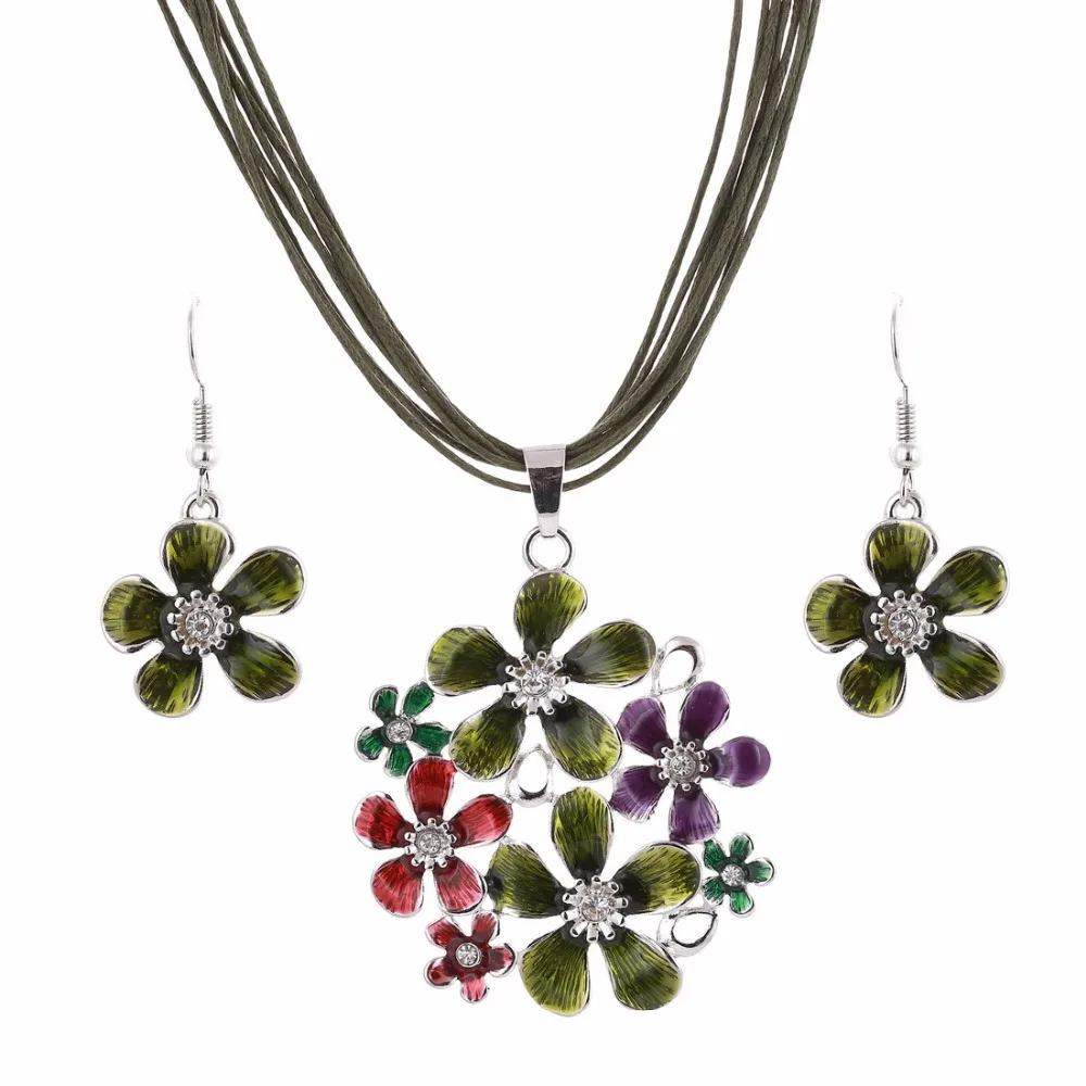 6 цветов модный серебряный цветок кулон ожерелье серьги набор многослойная кожа шифон лента Чокер Ожерелье Ювелирные наборы