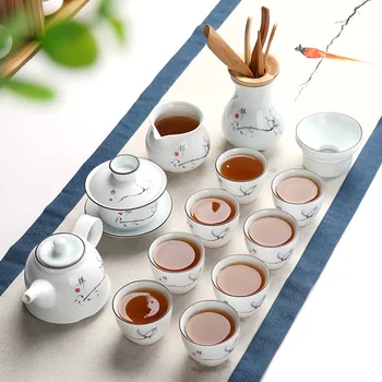 

Tea Kung Fu Tea Set Household Ceramics Set White Porcelain Covered Bowls, Teapots, Tea Cups and Tea Ceremony