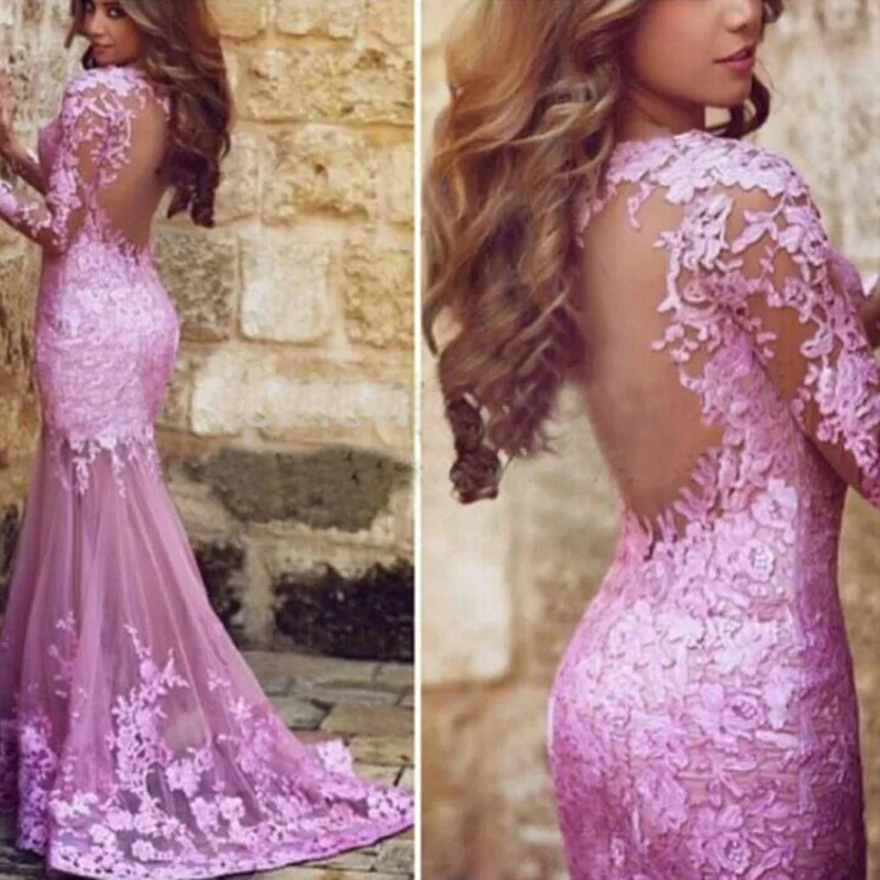 36-1     belle robe de soiree longue Lace Evening Dresses Lilac abendkleider abiye Mermaid Gowns Evening Dubai Evening Dress Full Sleeves