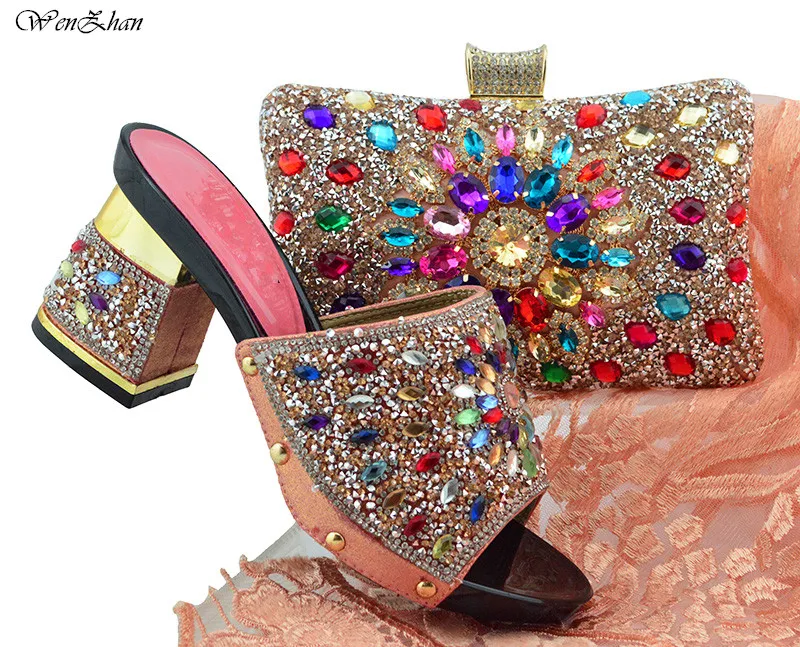 Fashion Shoes And Matching Bag Set Decoration With Colorful Rhinestone Italy Pumps Shoes And Bag Sets For Wedding Party B86-12