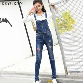 

New Women Blue Suspender Long Pants Denim Jumpsuits Girls Stretchable Jeans Jumpsuits Casual Patch Washed Overalls Romper Female