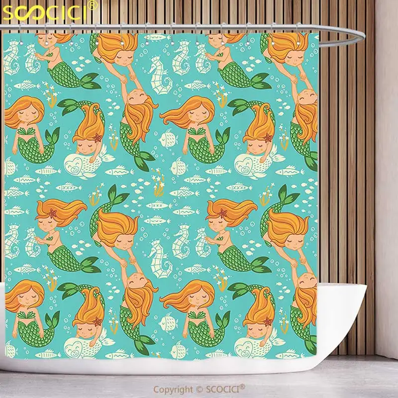 

Polyester Shower Curtain Mermaid Decor Underwater Cartoon World Little Mermaid Girls Friends Seahorse Fish Shells Bathroom