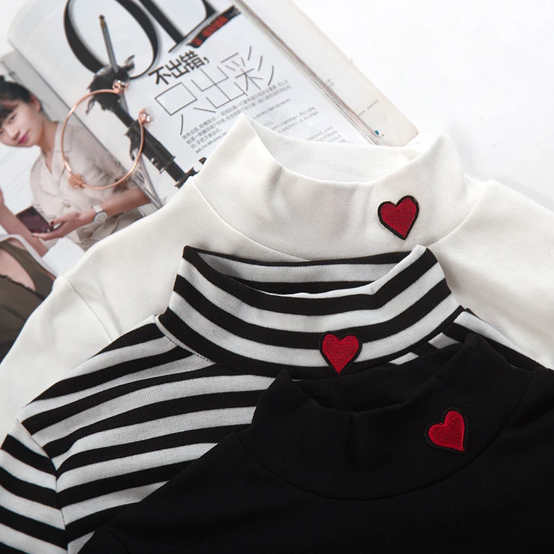 Download 2019 Small Mock Neck T Shirt Heart Embroidery Women T shirt Harajuku T shirts Candy Color Crop ...