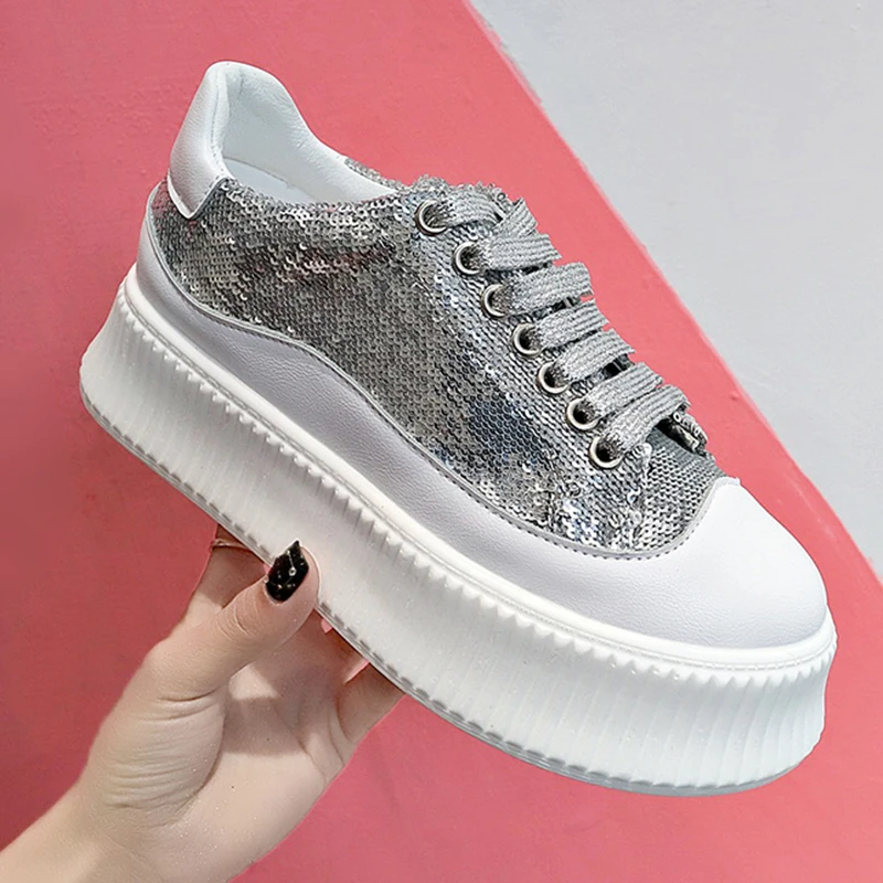 

Bling Vulcanize Shoes Woman Sneakers 2019 Spring Casual Flat Platform Shoes Glitter Trainers Ladies Footwear chaussures femme