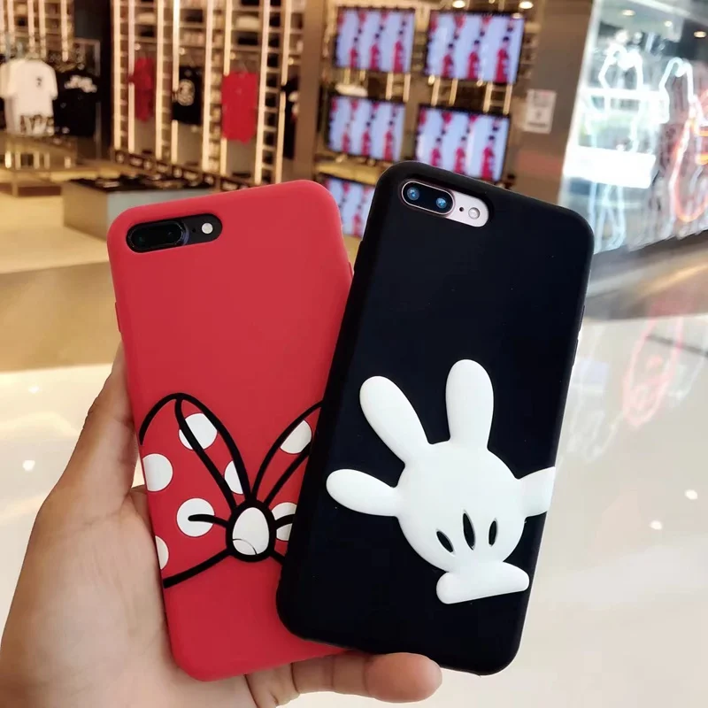 

Korea Cartoon Minnie Mickey Couple Phone Case For iphone 6S 7/8 plus 6plus Lovely Rubber Soft Silicone Back Cover With Lanyard