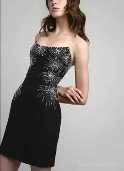 

High Quality Black Strapless Sexy Bodycon Dress Fashion Celebirty Rayon Night CLub Beading Cocktail Party Bandage Dress