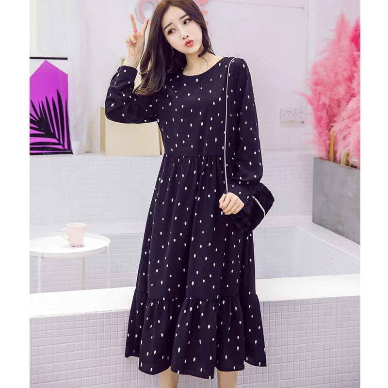 

Plus Size Loose Polka Dot Chiffon Women Dress O-neck Long Sleeve A-line Mid-calf Length Female Dress 2019 Spring Vestidos femme