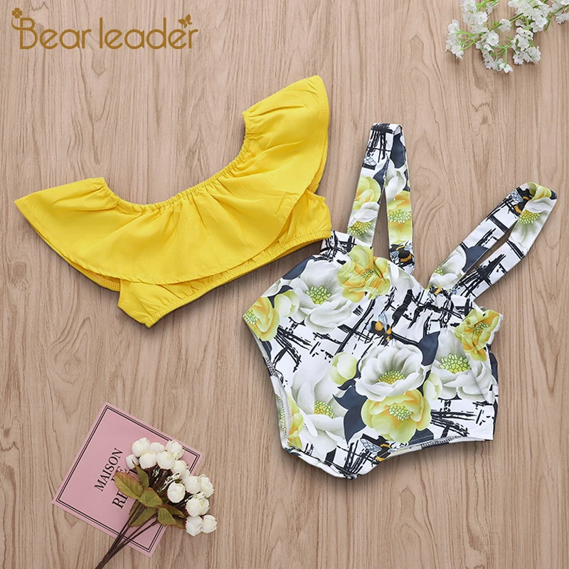 

Bear Leader Baby Girl Clothing Sets Summer Sleeveless Dress Girls 2Pieces Sets Bee Flower Print Strap Pants Suit for Baby 6-24