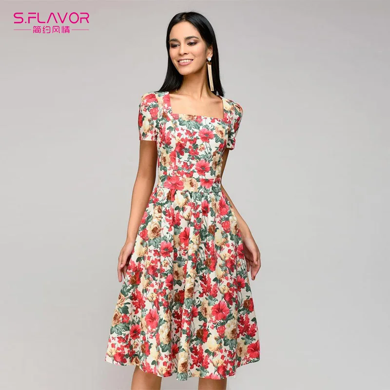 Square-Collar-short-sleeve-short-dress-for-female