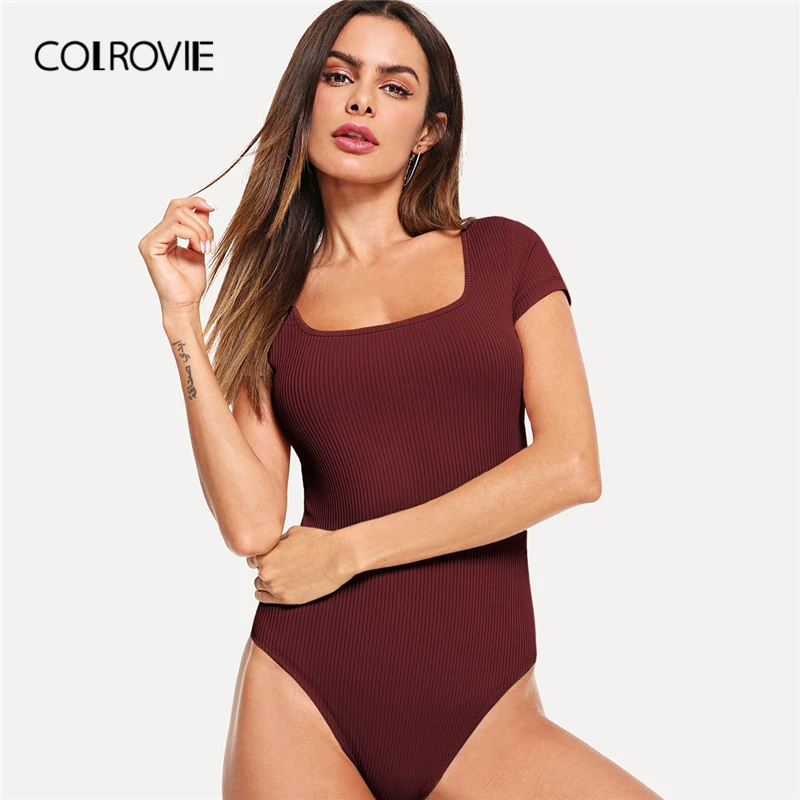 

COLROVIE Burgundy Square Neck Rib Knit Casual Bodysuit Women 2019 Summer Black Cap Sleeve Elegant Skinny Office Ladies Bodysuits