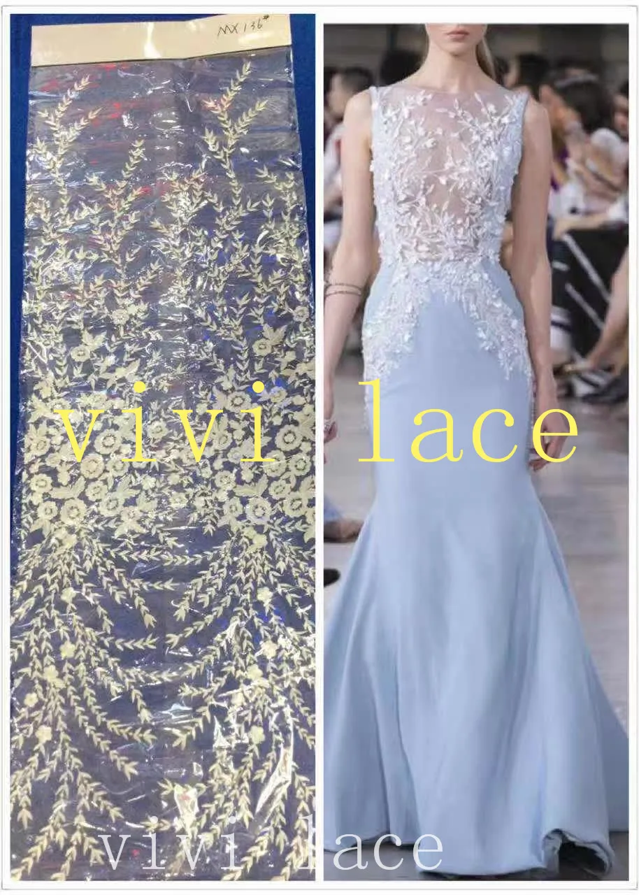 

xx0136# ivory floral embroirdery mesh tulle embroidery lace fabric for party/evening dress,