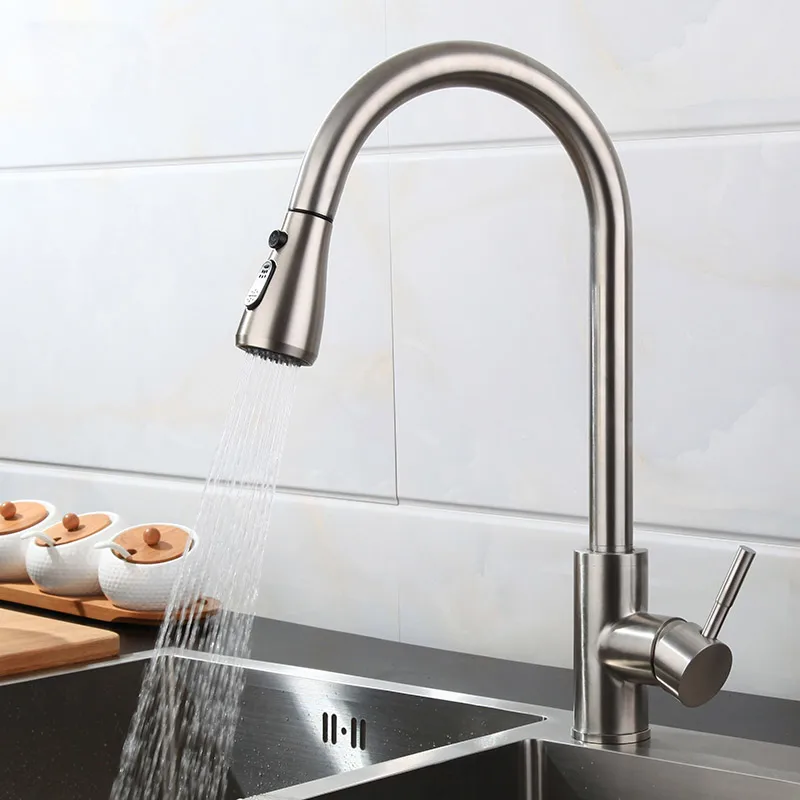 

304 stainless steel washing basin universal telescopic faucet, pull out type kitchen sink faucet, hot and cold drawing rotated