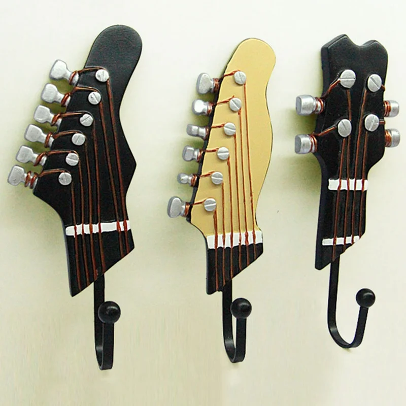 

Retro 3 PCS/Set Guitar Heads Music Home Resin Clothes Hat Hanger Hook Wall Mounted For Watch Keys Sundries Three Colors