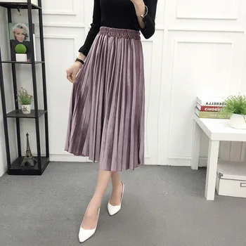 

Velvet pleated skirts girl women skirt elastic waist long section gold velvet retro large size high waist a word skirt spring