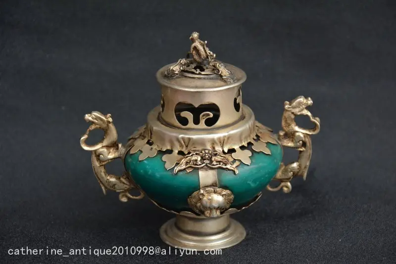 

Rare Old Qing Dynasty silver&jade Lion incense burner,Dragon&lion, Lion,#03,Free shipping