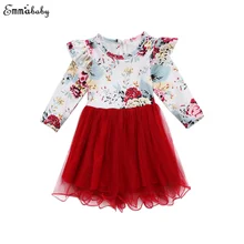 Рождественская одежда платье для новорожденных девочек бальное платье с длинными рукавами и цветочным принтом фатиновые платья-пачки, одежда