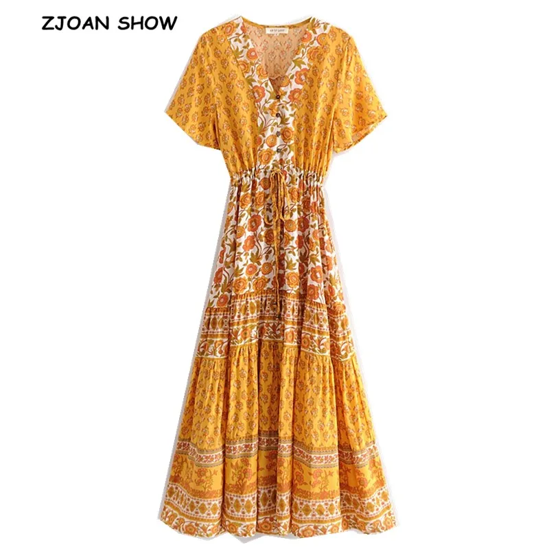 

2019 Bohemia Open Button V neck Floral print BOHO Dress Orange Summer Ethnic Woman Short Sleeve Tassel Strappy Maxi Long Dresses