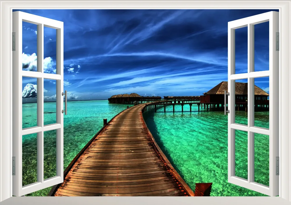 Natural Scenery Bridge Sea 3D Window Wall Stickers For Home Decorations