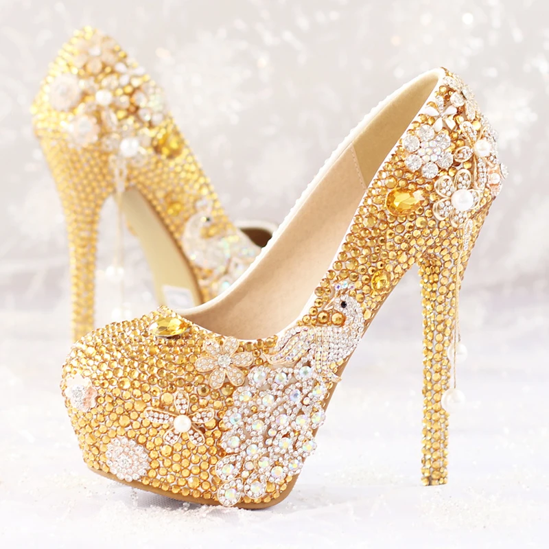 Glitter Gold Rhinestone Wedding Shoes 5 Inches High Heel Party Pumps Bling Diamond Evening Prom Heels Celebrity Function Shoes