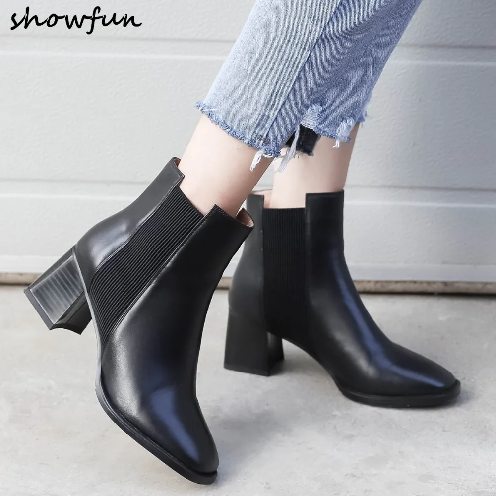 

Size 33-40 Women's Genuine Leather Chelsea Boots Thick Med Heel Slip-on Autumn Boots Square Toe Short Booties High Quality Shoes