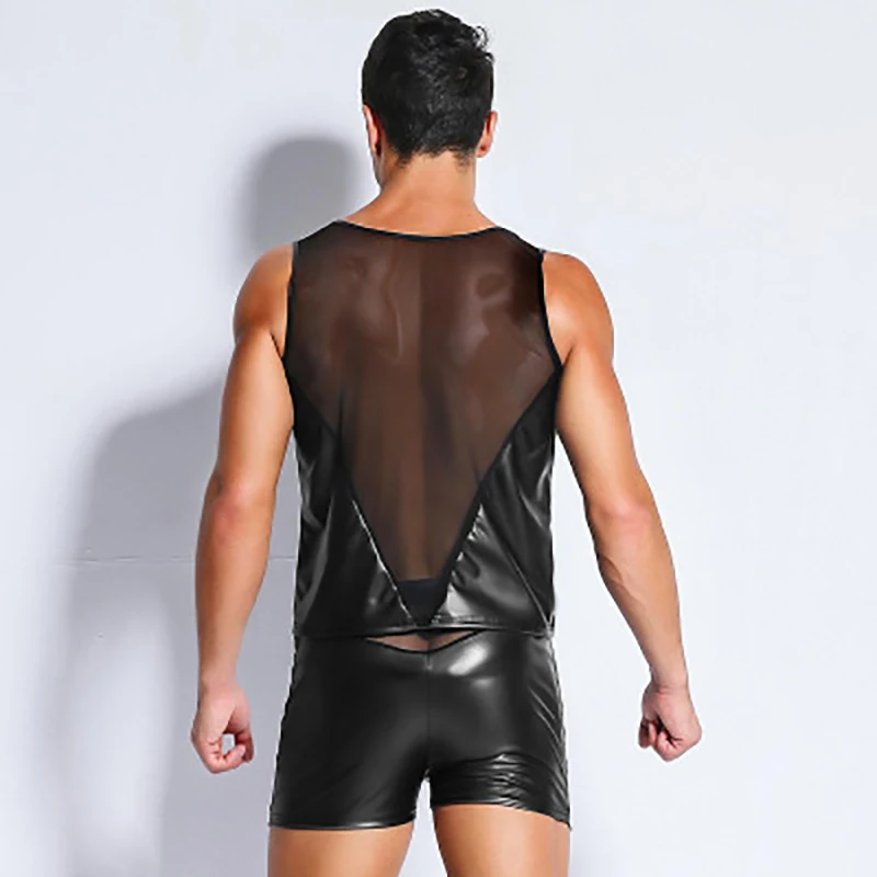 AIIOU сексуальный мужской Комплект маек из искусственной кожи, забавный сетчатый прозрачный черный гей, Неженка, одежда для танцевального клуба, гладкий костюм, Майки