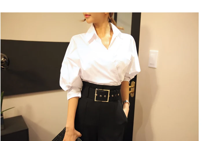  Korean Style Office Lady Women Shirt 2019 Spring White Slim Turn down Collar Blouse Solid Regular B