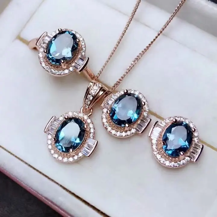 

shilovem 925 sterling silver real Natural blue topaz Rings pendants earrings wedding fine Jewelry open new women ctz0507088agb